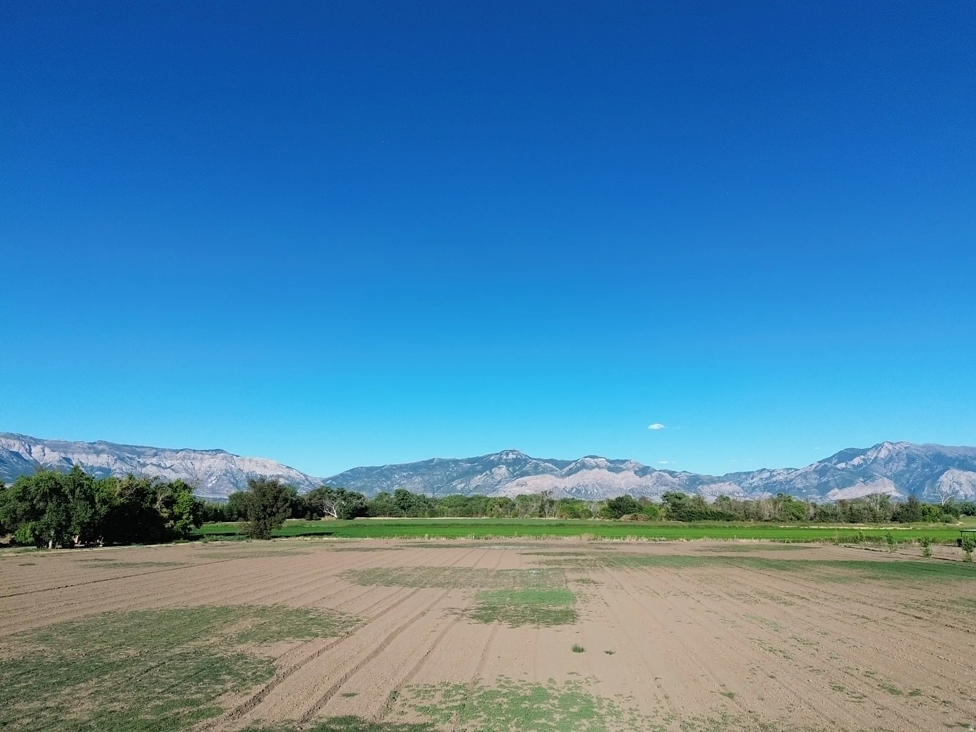 Expansive open terrain with visible cultivation patterns, framed by distant mountains and a clear sky