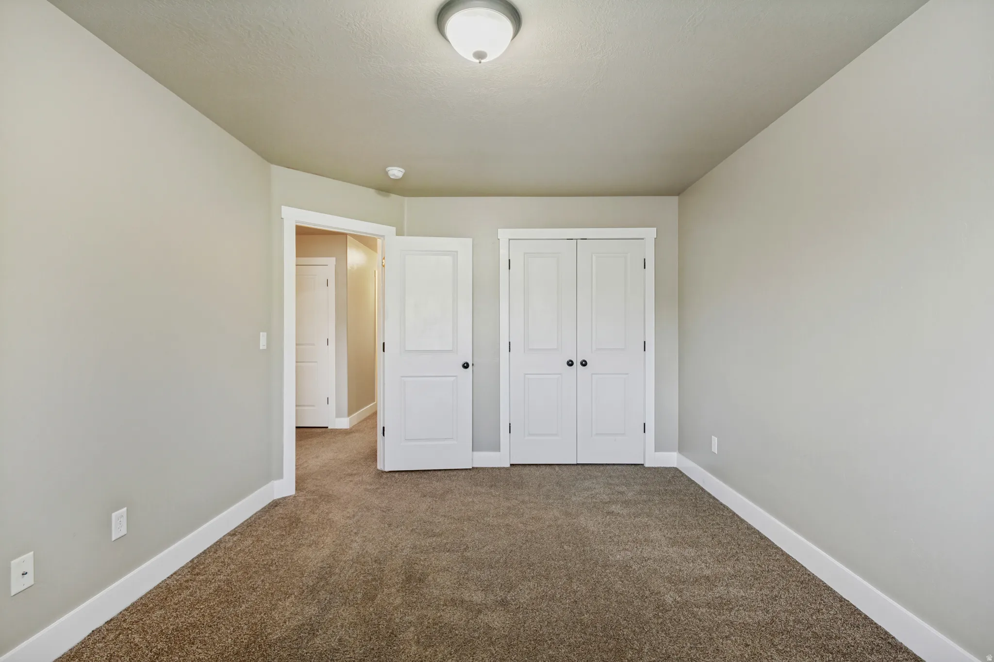 Neutral-toned walls, plush carpet flooring, white trim, and a flush-mount ceiling light