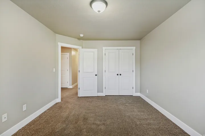 Neutral-toned walls, plush carpet flooring, white trim, and a flush-mount ceiling light