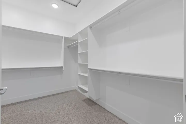 Integrated recessed lighting, carpet flooring, multiple shelving units, and hanging rods