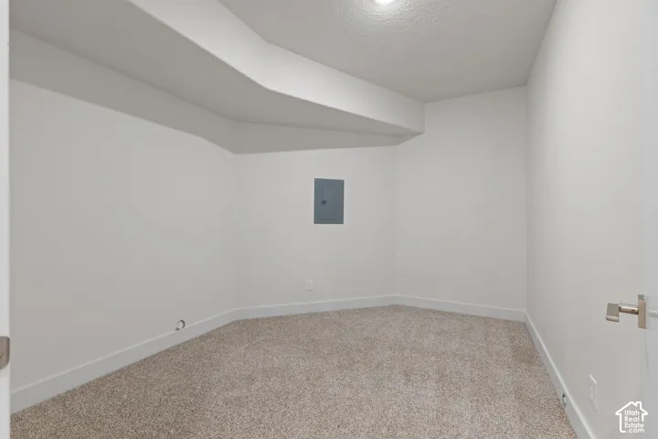 Neutral-toned carpeting, white painted walls, and a built-in electrical panel