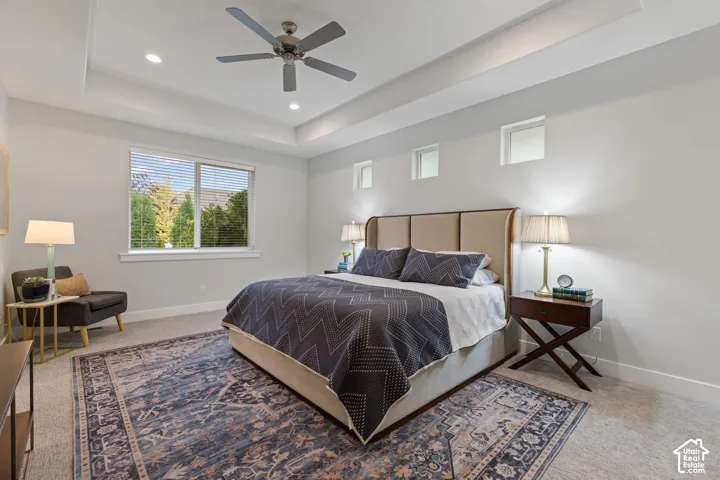 Tray ceiling with recessed lighting and a ceiling fan