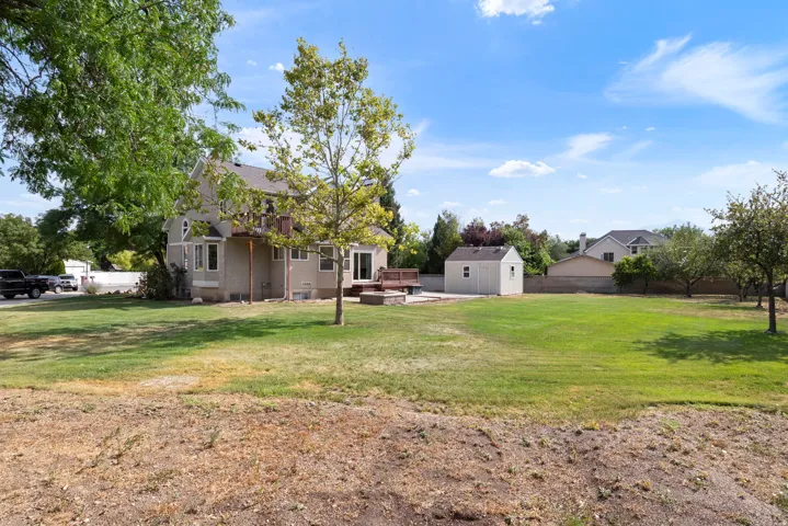Expansive backyard featuring a manicured lawn, multiple mature trees, and a detached storage shed