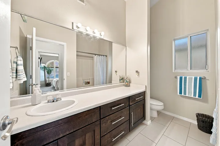 Extended vanity with dual sinks, dark wood-finish cabinetry, and a large mirror