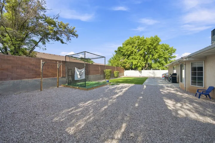 Expansive rear yard featuring a gravel area, a built-in batting cage, a concrete patio, and a manicured lawn