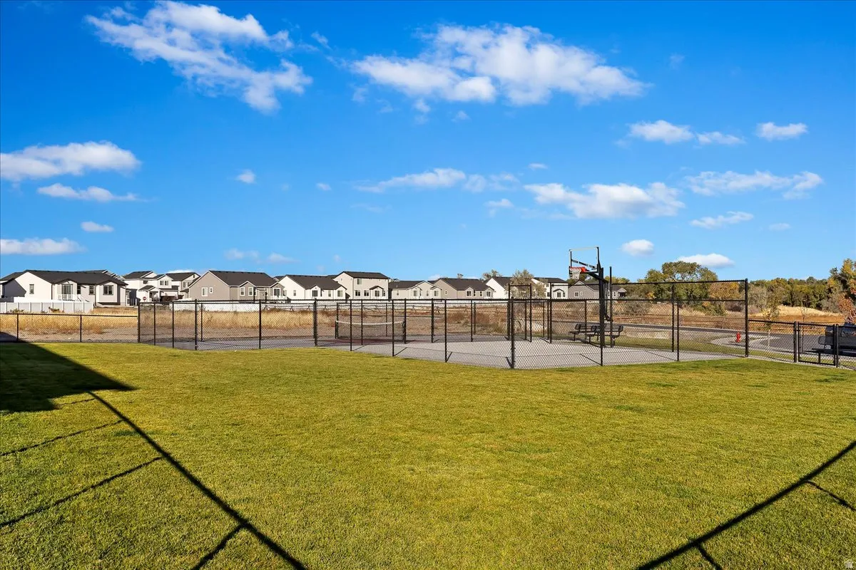 Grassed outdoor area with a paved court featuring a basketball hoop and a chain-link fence enclosure