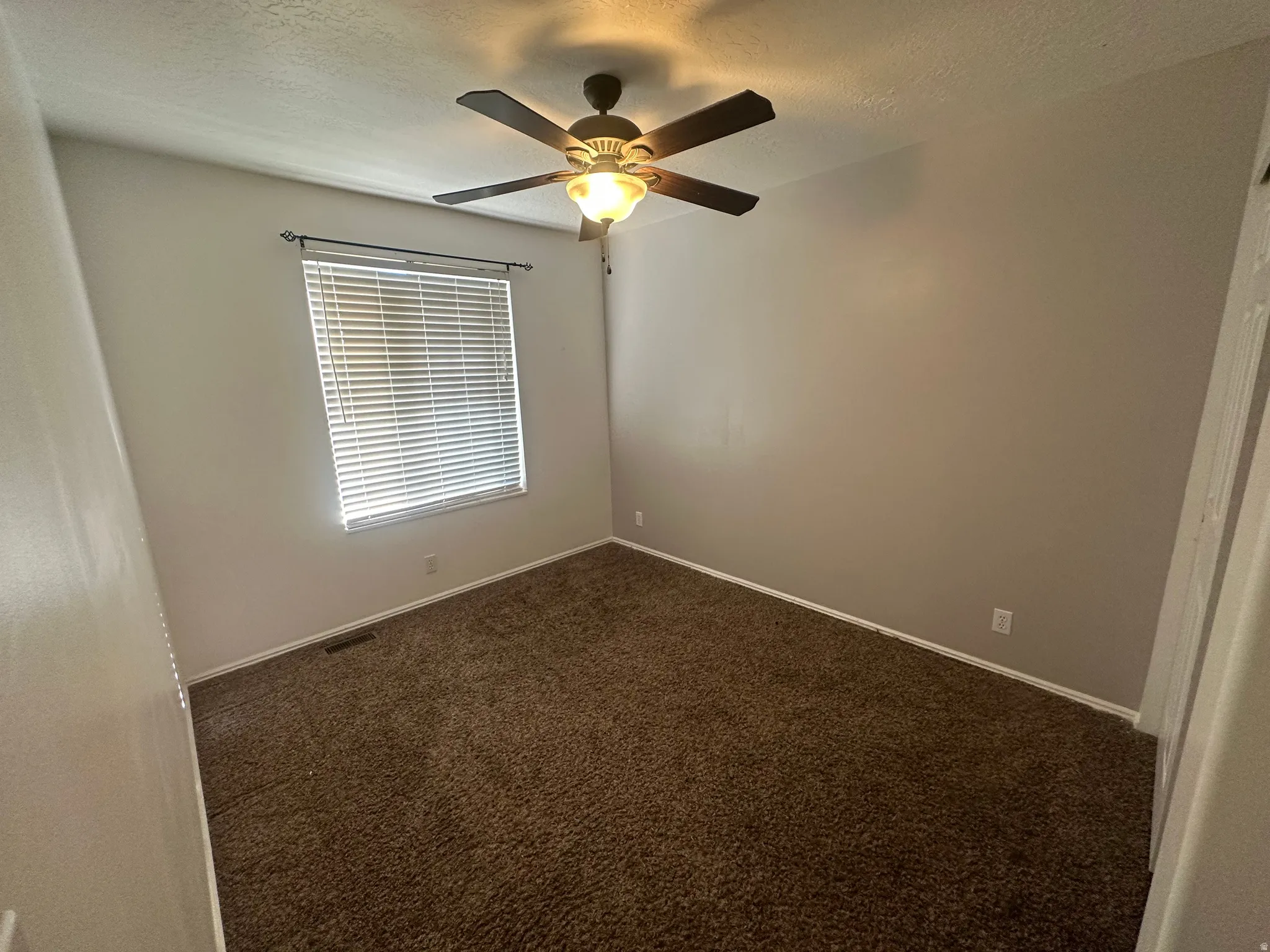 Neutral tone painted walls with a textured ceiling, brown carpeting, and a window with blinds