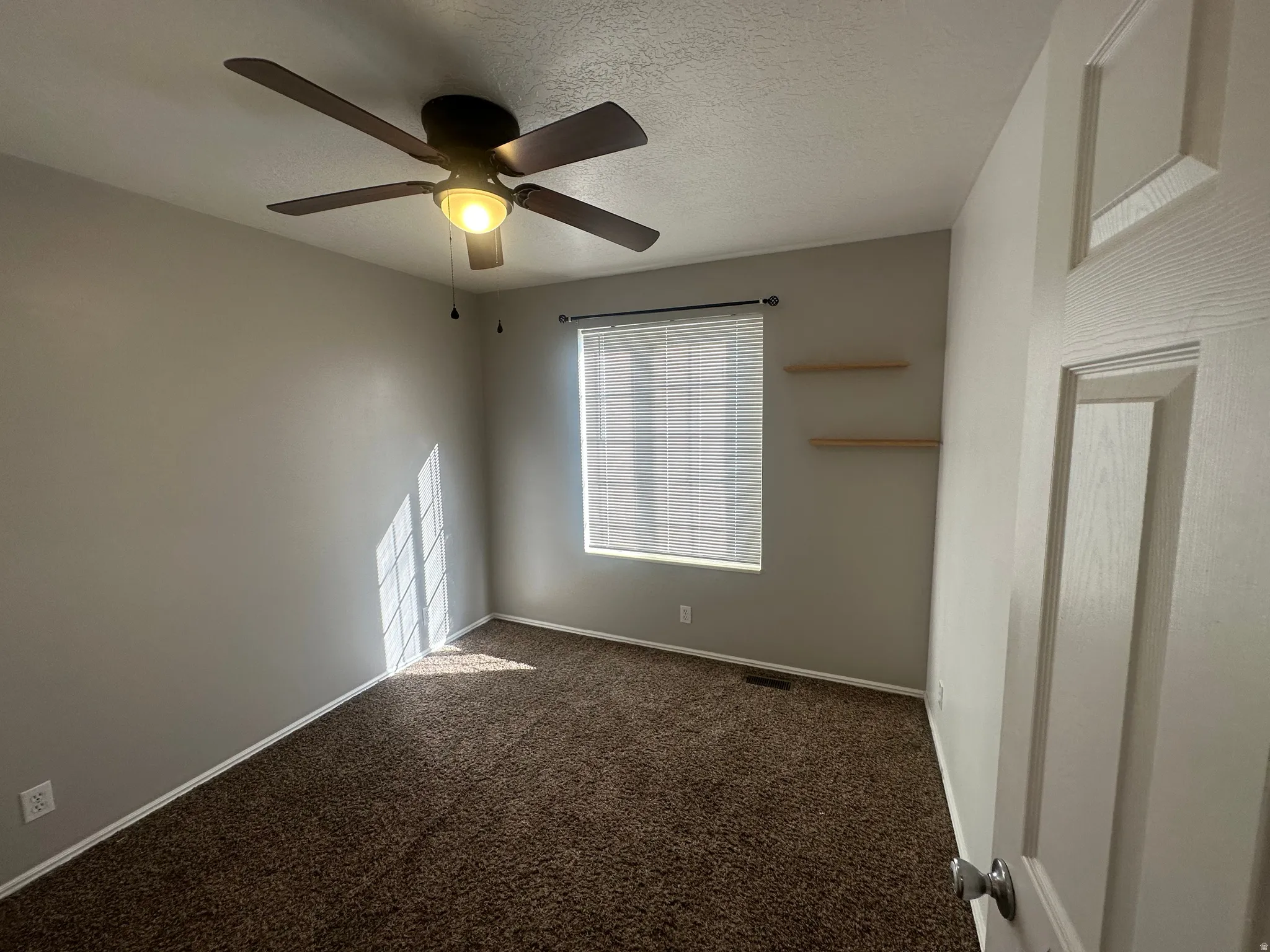 Ceiling fan with integrated lighting, window with blinds, two floating shelves, textured carpeting, and a panel door