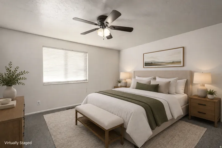 Window with horizontal blinds, overhead ceiling fan with lighting, and carpeted flooring