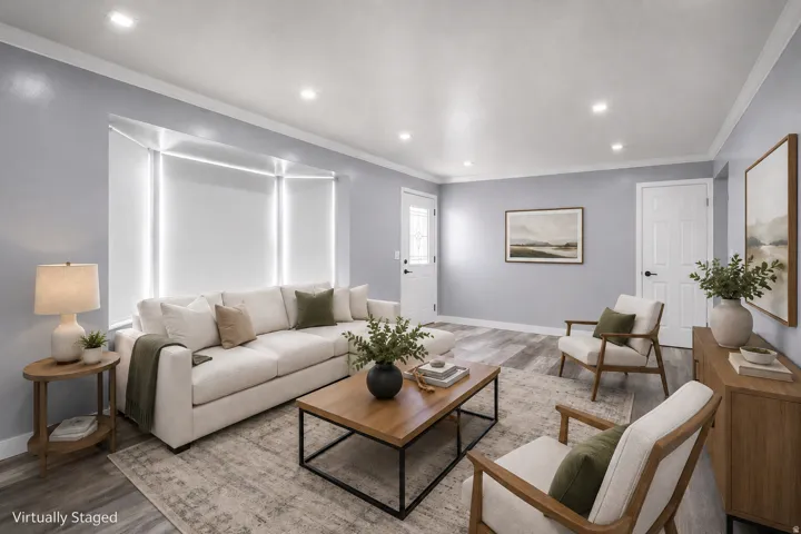 Recessed lighting, crown molding, wood-finish flooring, bay window, and paneled doors
