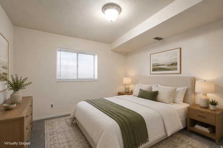 Recessed lighting, window with blinds, light-colored walls, carpeted flooring, and a flat ceiling