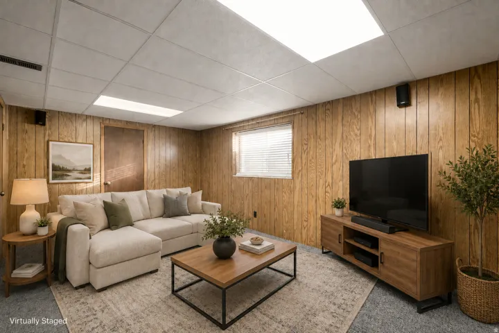 Wood paneling, window with blinds, recessed lighting, drop ceiling, and wall-mounted speakers