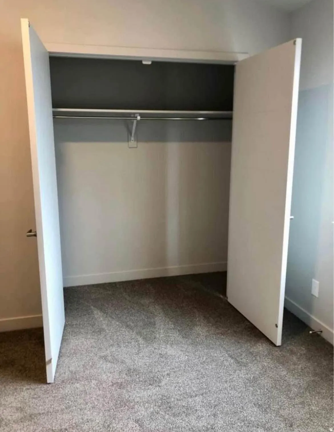 Built-in closet with double doors and a hanging rod, complemented by carpeting
