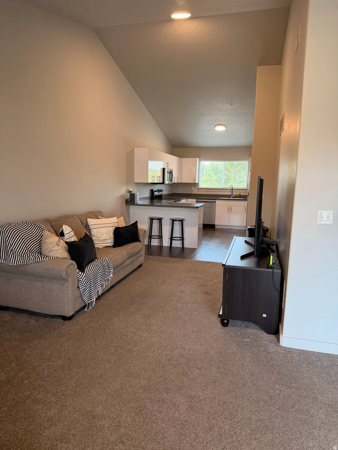 Carpeted living area with vaulted ceilings and recessed lighting