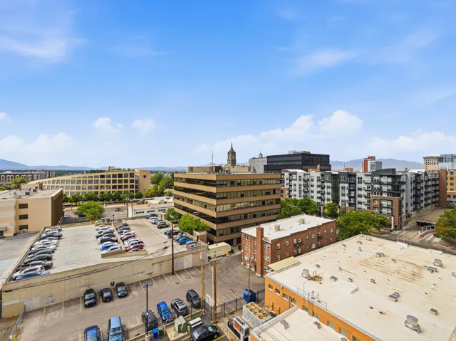 Urban skyline with diverse architectural styles