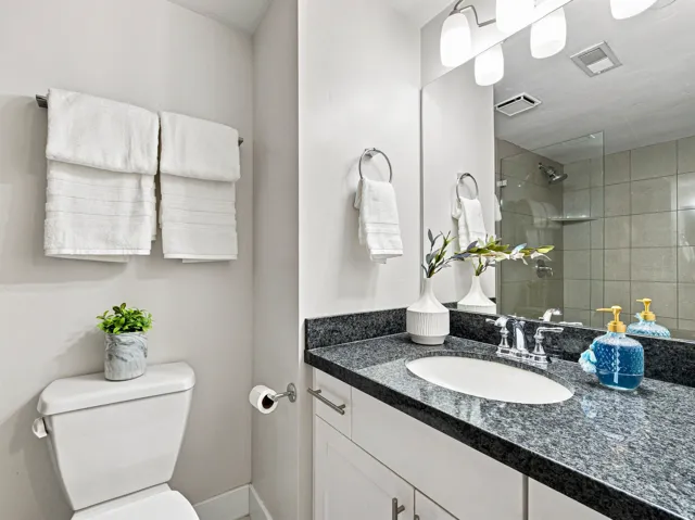 Modern bathroom featuring a vanity with a dark speckled stone countertop, an oval undermount sink, and polished chrome fixtures