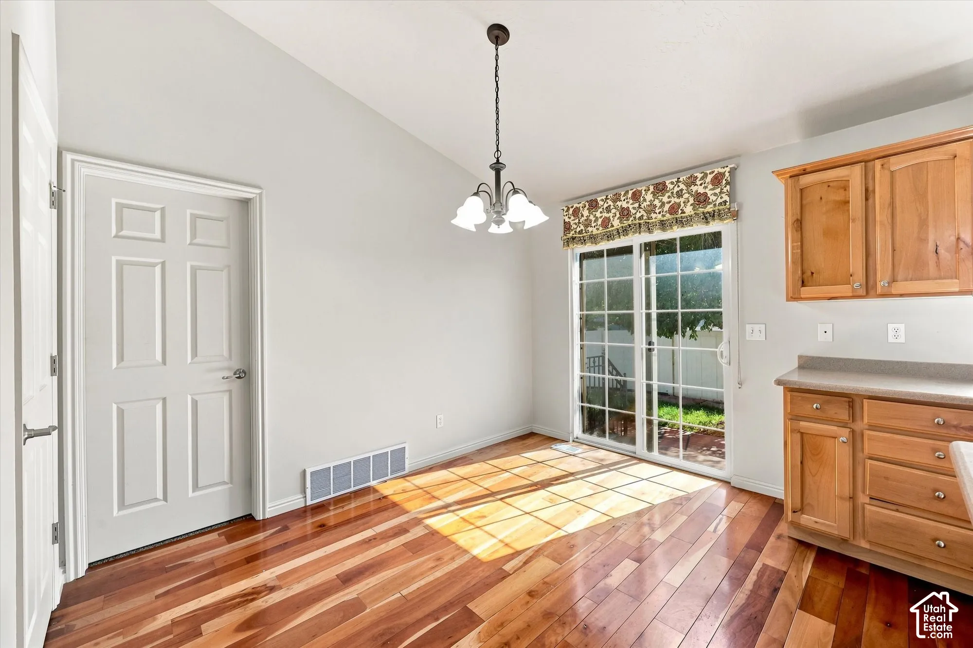 Wood-finish flooring, sliding glass door, overhead lighting fixture, wood cabinetry, and neutral countertops