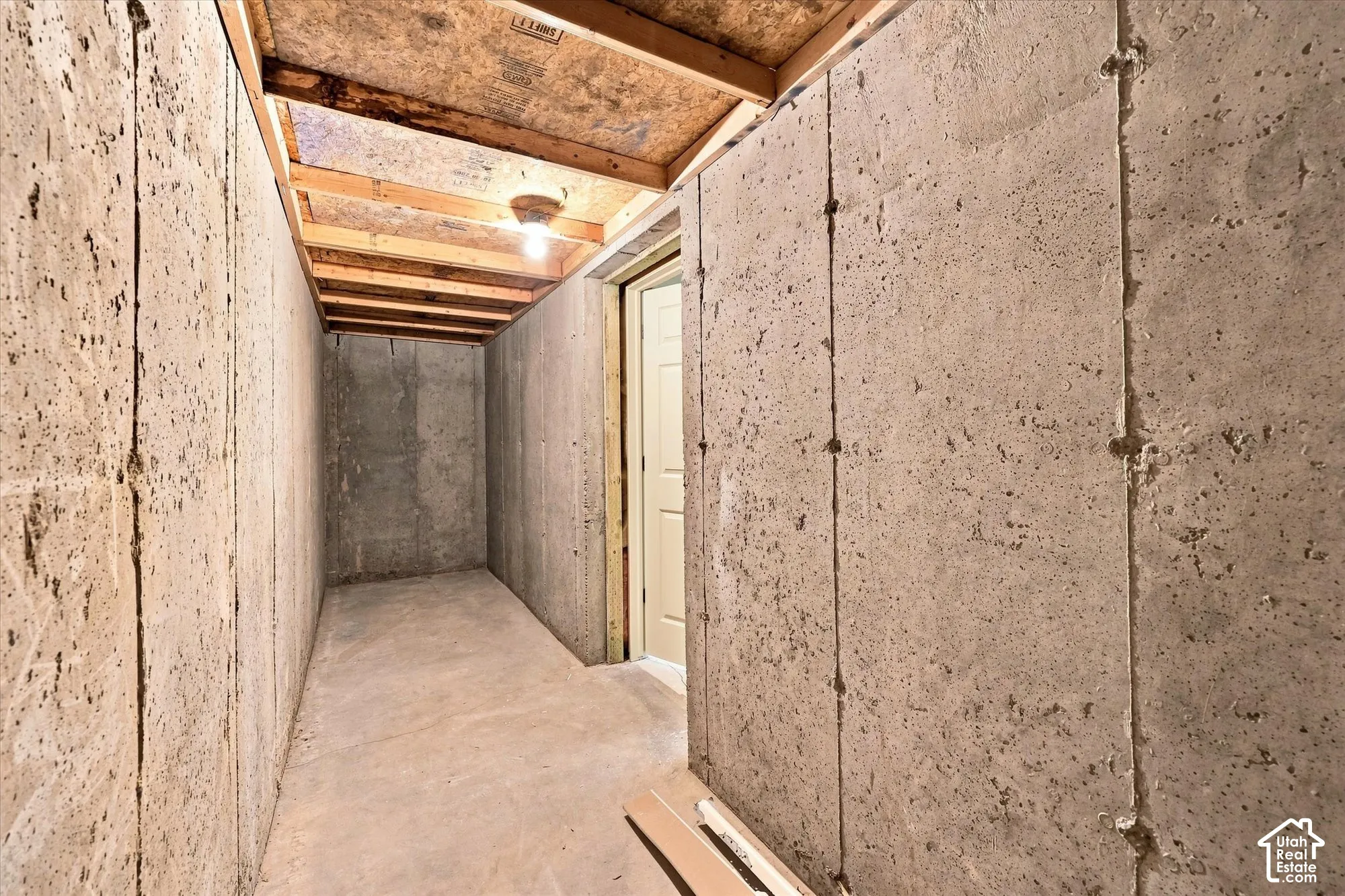 Unfinished concrete walls, unfinished concrete flooring, exposed wood ceiling joists, and a flush-mounted light fixture