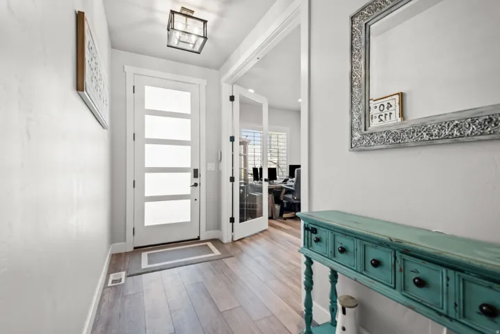 Entryway featuring a contemporary white door with frosted glass panels, wood-finish flooring, and a modern ceiling light fixture