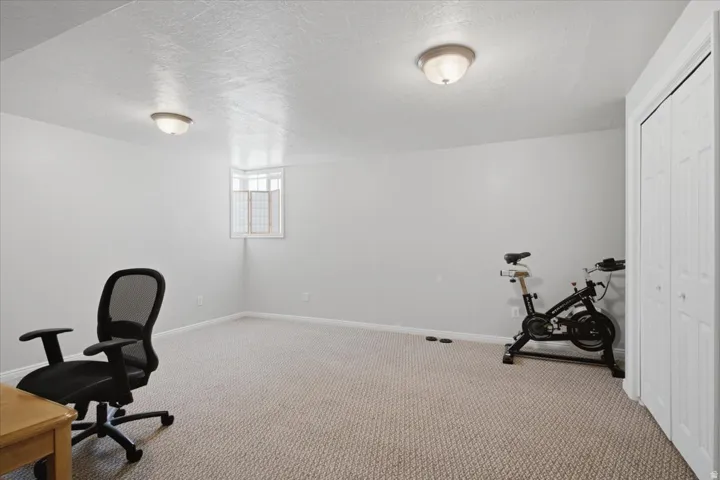 Versatile bonus room featuring neutral carpeting, recessed ceiling lighting, and a small high window