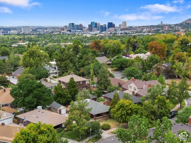 Lush treelined residential area with a prominent cityscape in the background