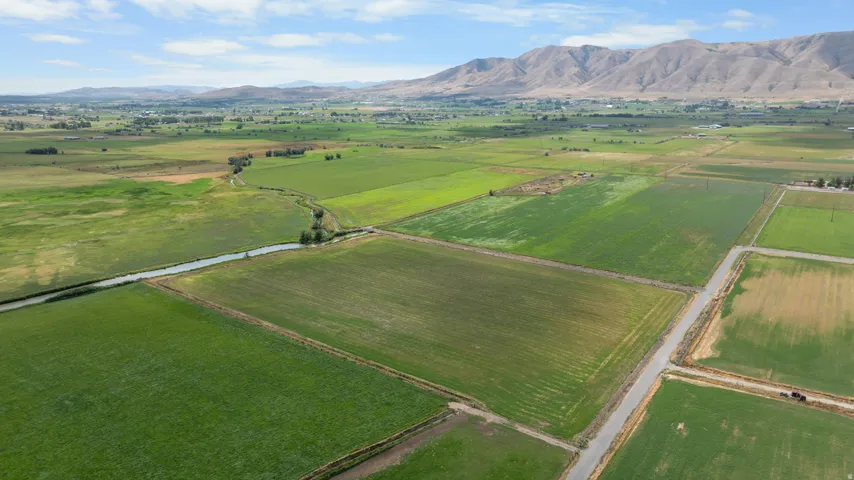 Expansive agricultural fields with varied green crops, bordered by unpaved roads and a narrow water channel