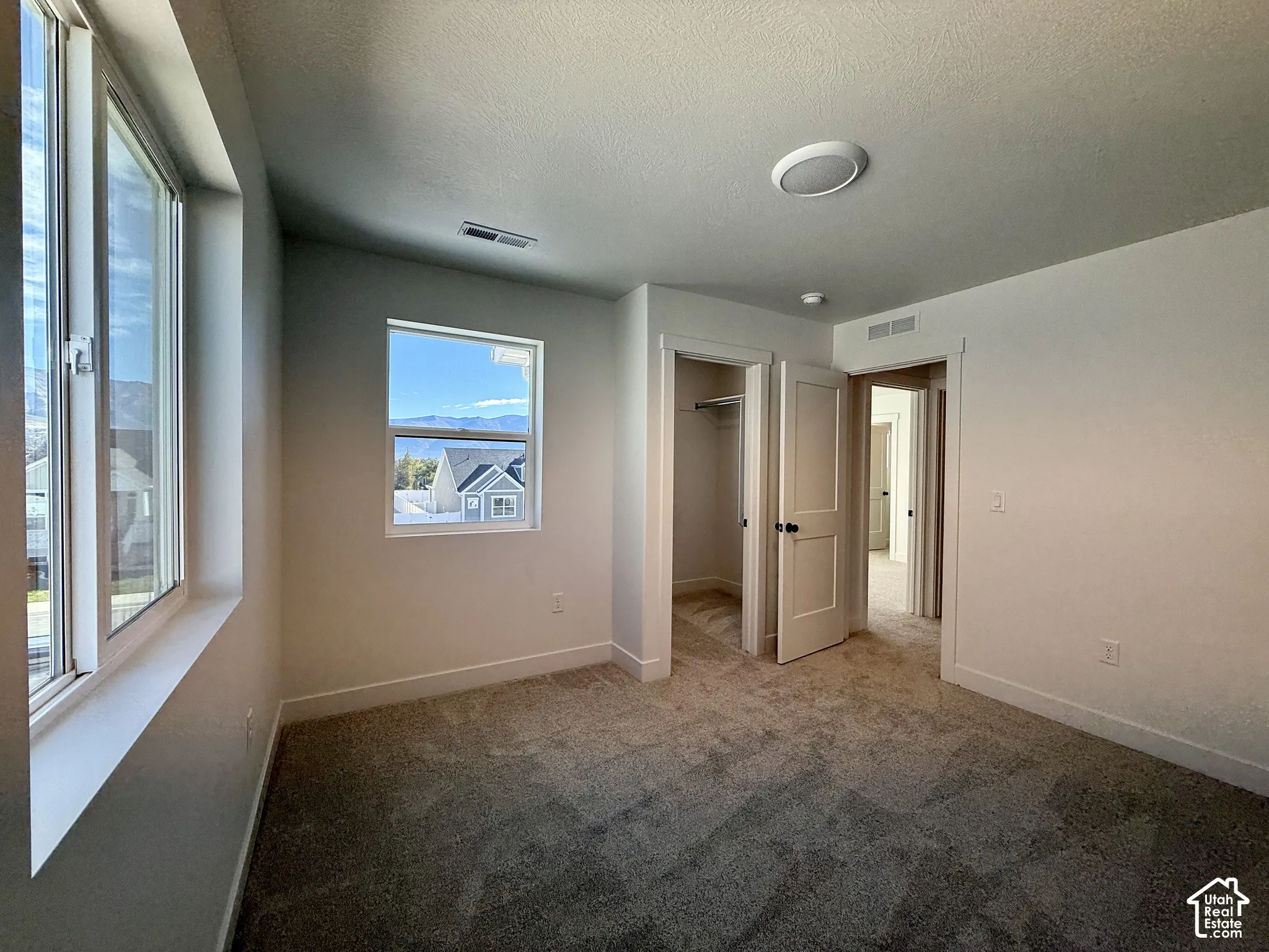 Neutral-toned carpeting, dual-pane windows, interior doors with matte black hardware, and an integrated walk-in closet