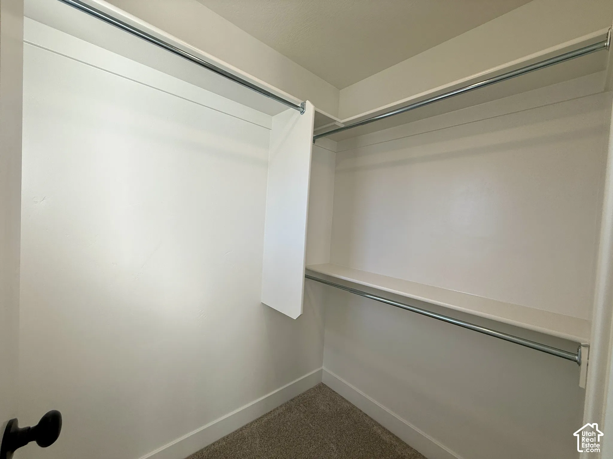 Storage area featuring wall-to-wall shelving, dual-level metal hanging rods, and neutral carpeting