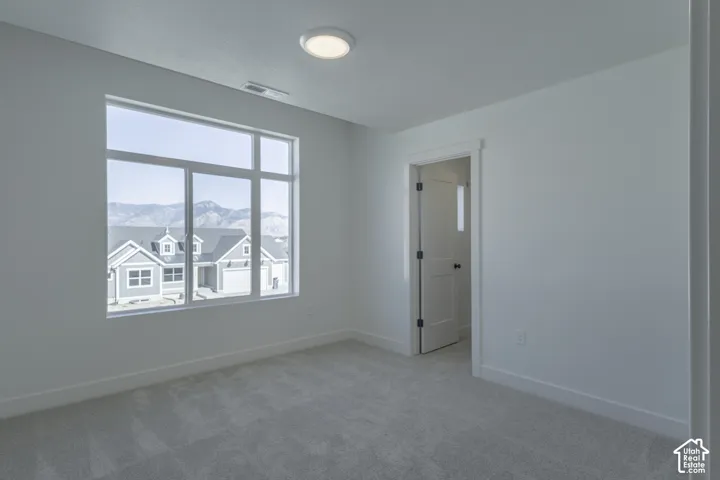 Bright room with light-toned carpeting, a multi-pane window, and a flush-mount ceiling light