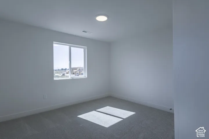 Neutral wall paint, carpet flooring, window with white frame, white baseboards, and a flush-mount ceiling light