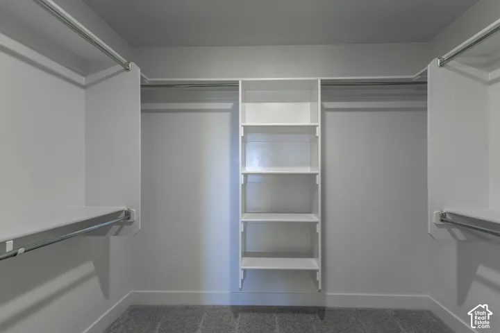 Walk-in closet featuring built-in shelving, multiple hanging rods, and light gray carpeting