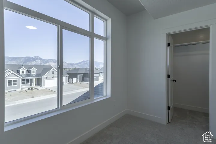 Large multi-pane window, mountain backdrop, carpeted flooring, built-in closet, and white interior walls