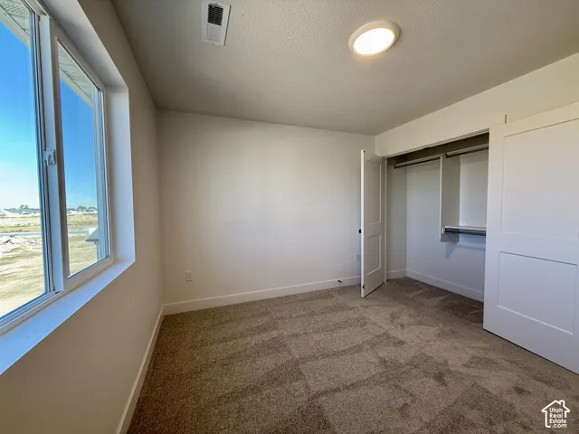 Neutral-toned carpeting, large window, and closet with built-in shelving