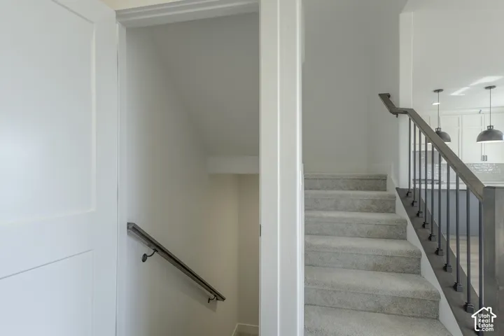 Carpeted staircase with dark wood-finish handrail and black metal balusters