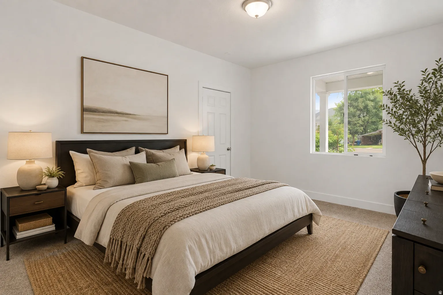 Vitually staged Neutral color palette, window with exterior elements, flush-mount ceiling light, white painted walls, and carpet flooring
