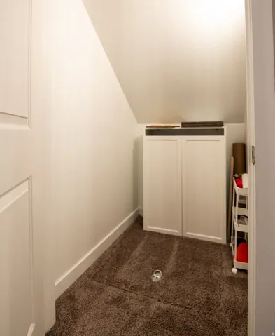 Built-in white cabinetry, angled ceiling, and brown carpeting