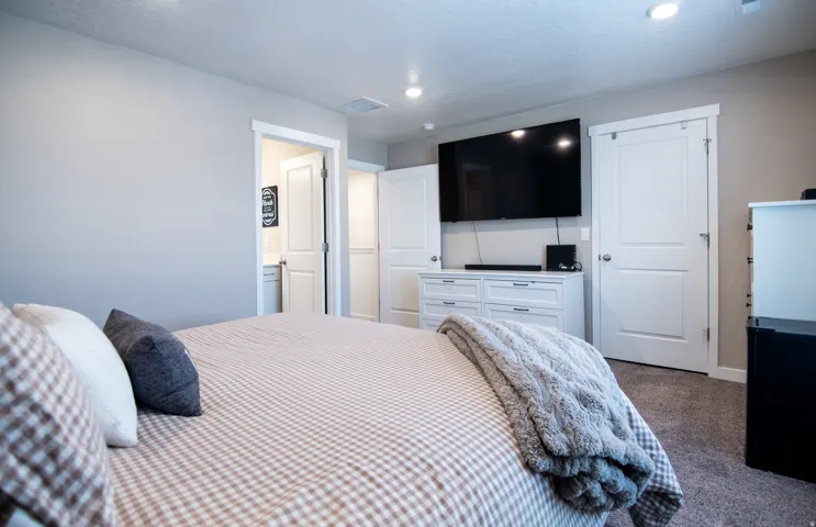 Light gray wall paint, white trim, recessed lighting, white paneled doors, and carpeted flooring