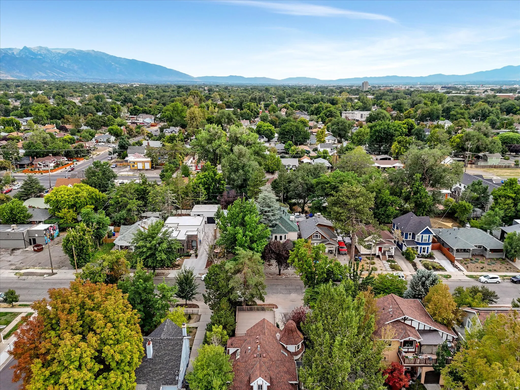 Mountain and valley views, expansive residential area featuring a diverse collection of homes, mature trees, and a distant mountain range