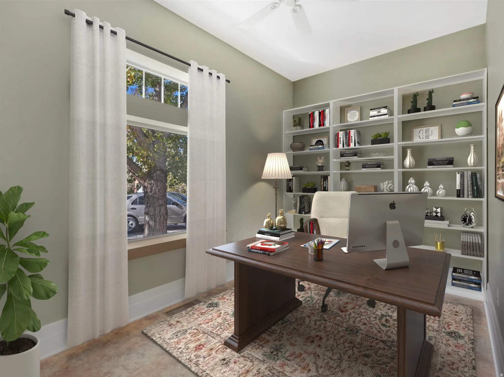 Built-in shelving, high ceilings, ceiling fan, and wood-finish flooring