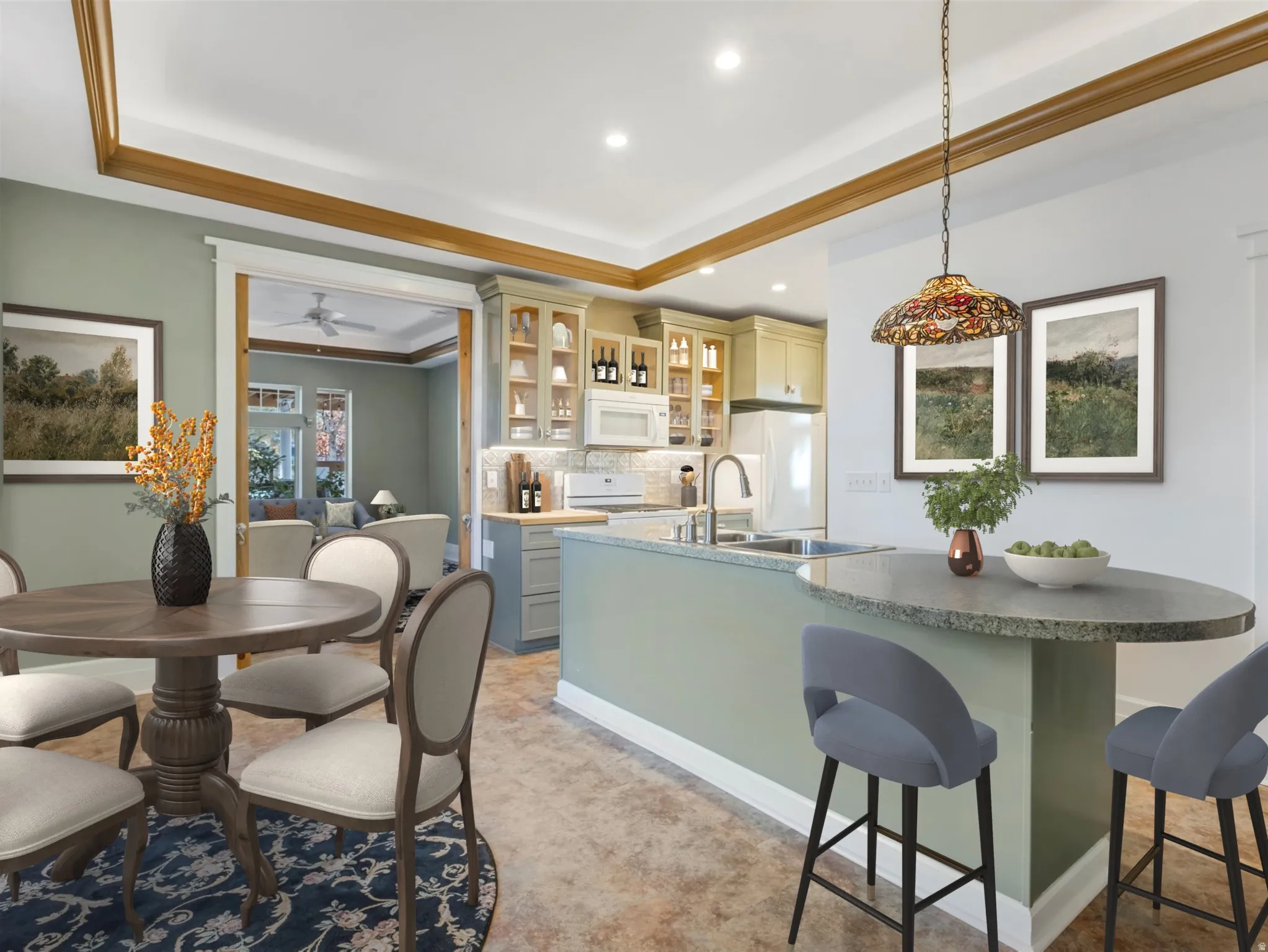 Kitchen with custom cabinetry, recessed lighting, and a kitchen island with an extended counter