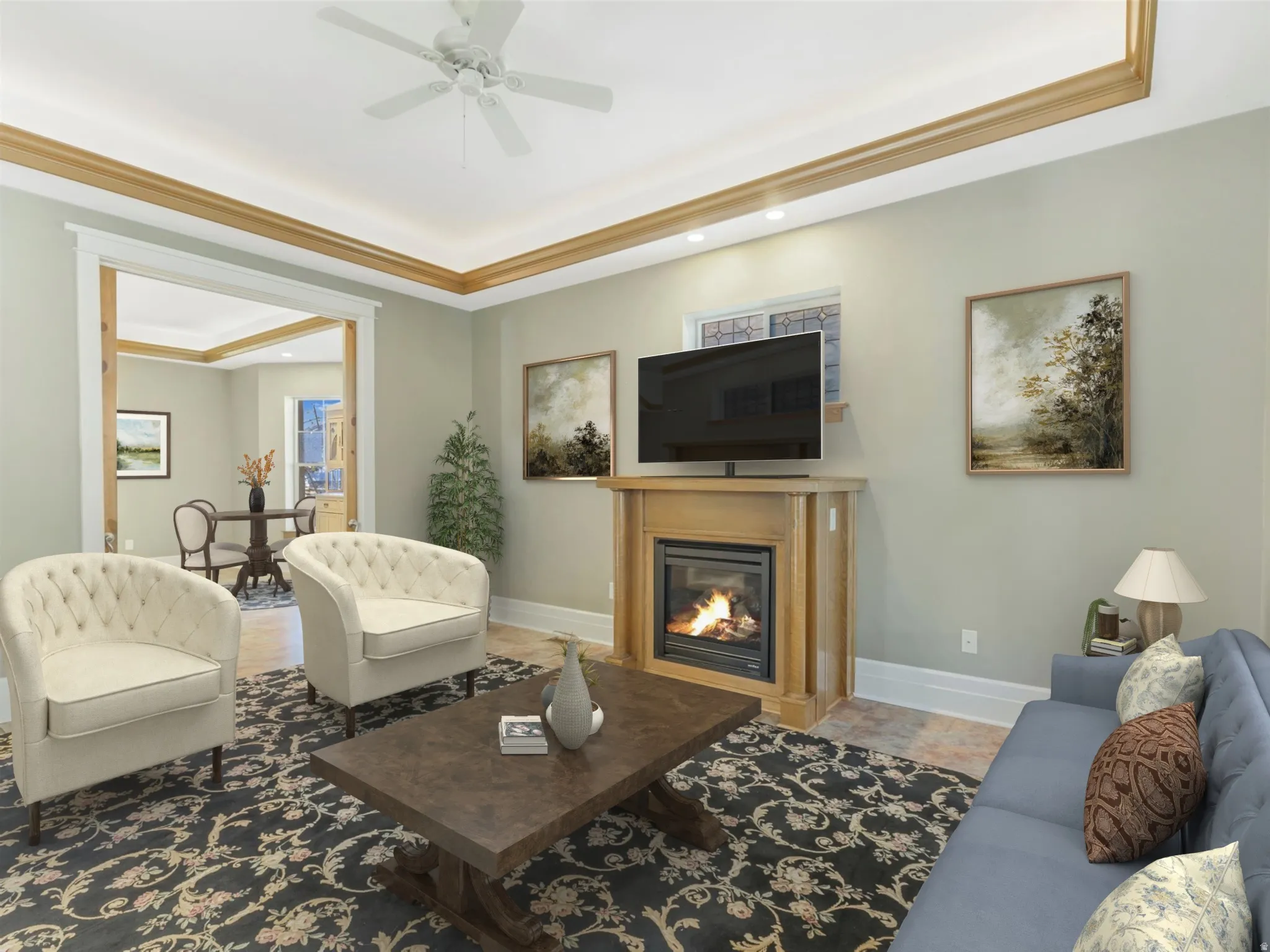 Recessed lighting accents the tray ceiling with wood-finish trim