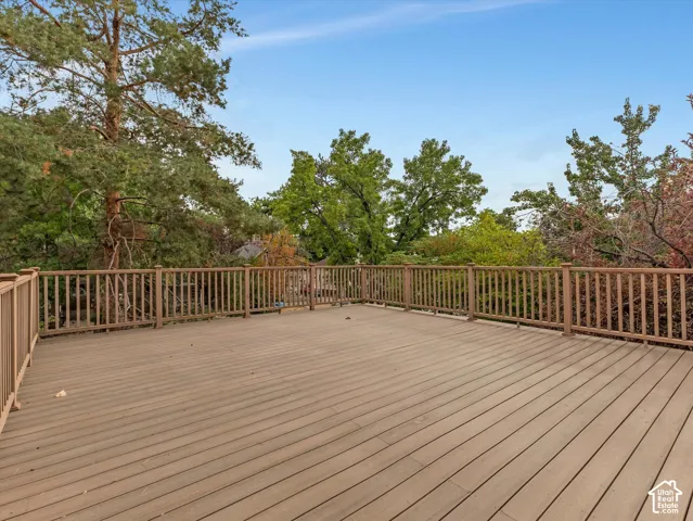 Expansive brand new deck with wood-finish decking and perimeter railing
