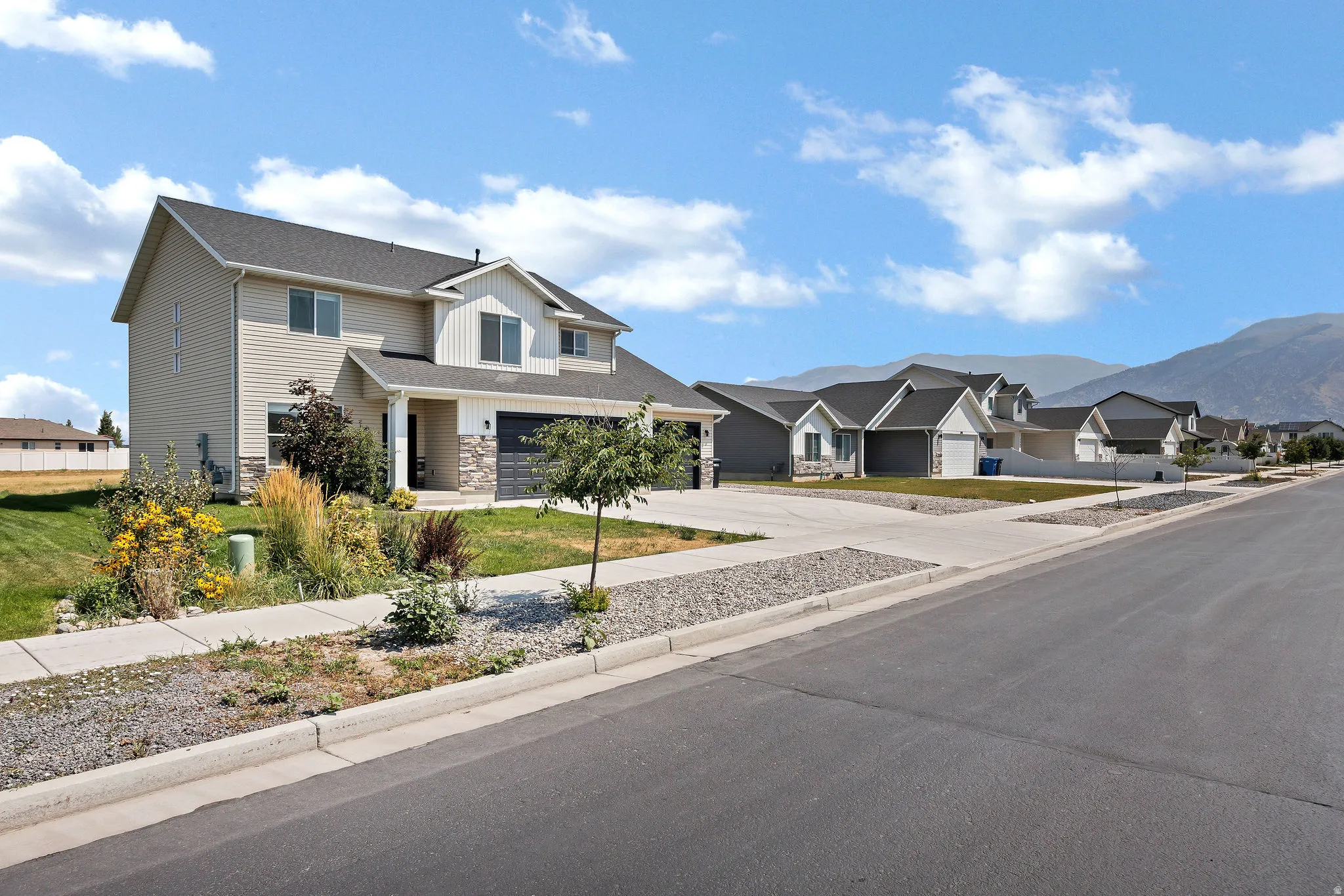 Contemporary residence featuring a two-car garage, stone and siding exterior, concrete driveway, and established landscaping
