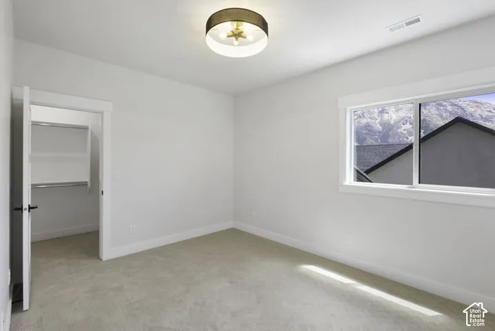 Neutral wall finishes, recessed window, flush mount ceiling light fixture, carpeted flooring, walk-in closet with shelving
