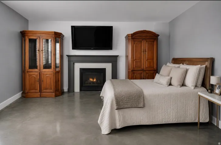 Fireplace with dark wood mantel and a wall-mounted display