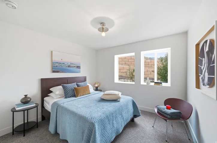 Neutral color palette with textured carpeting, two windows, and a flush-mount ceiling light fixture