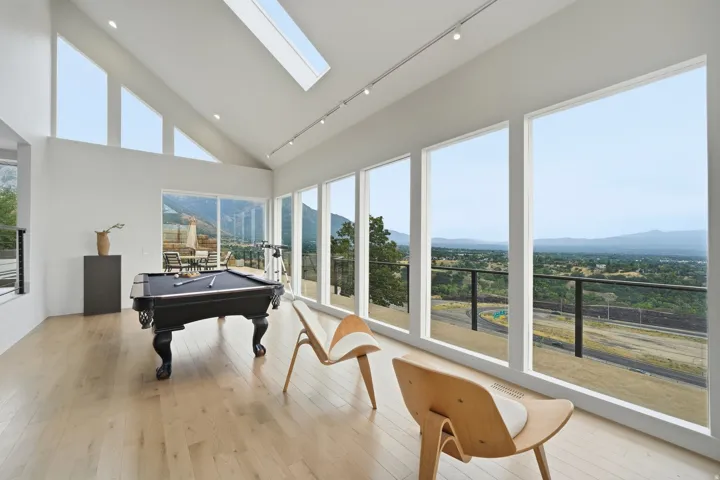 Vaulted ceiling featuring skylights and track lighting