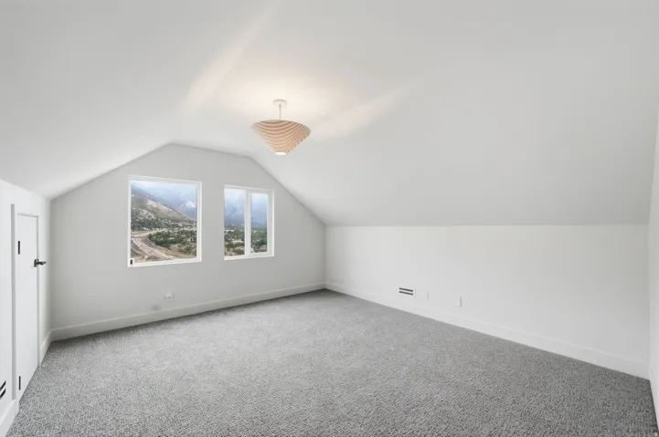 Vaulted ceiling, two windows, textured carpet flooring, contemporary light fixture, and a built-in storage door