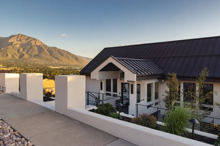 Modern exterior with a dark metal roof, full-light entry door, and extensive windows