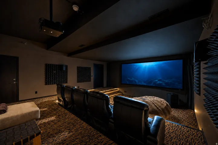 Media room featuring a large projection screen, tiered seating, a ceiling-mounted projector, and acoustic wall panels
